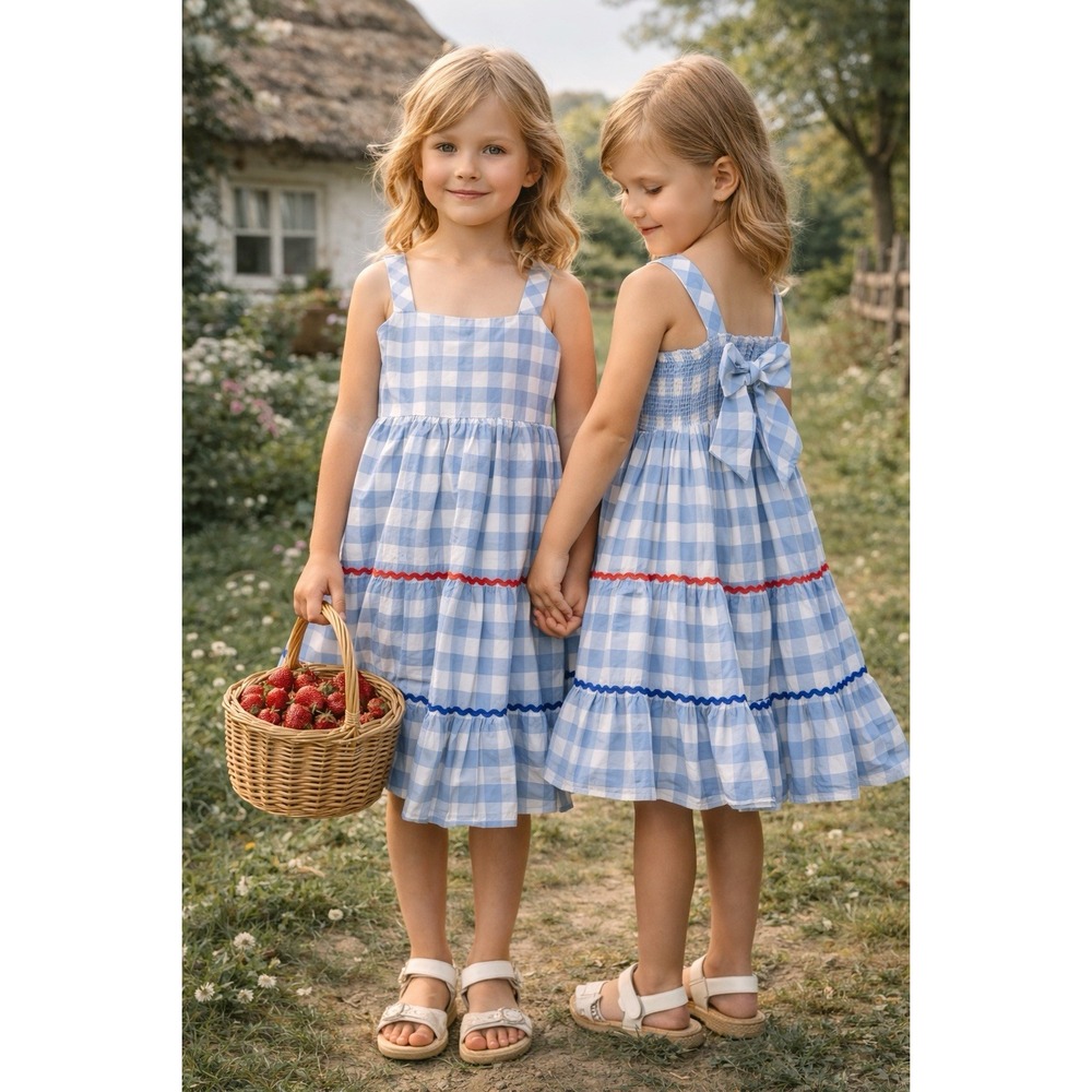 Tahari Sundress Girls 8 Gingham Blue White Tiered Bow Back Cottagecore